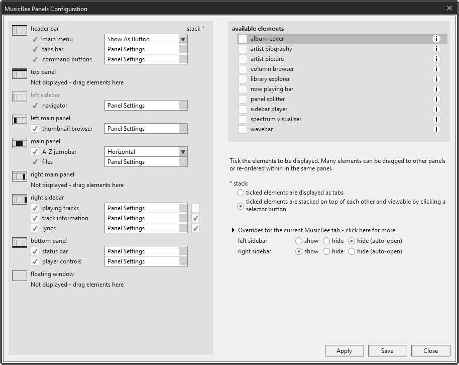 musicbee arrange panels