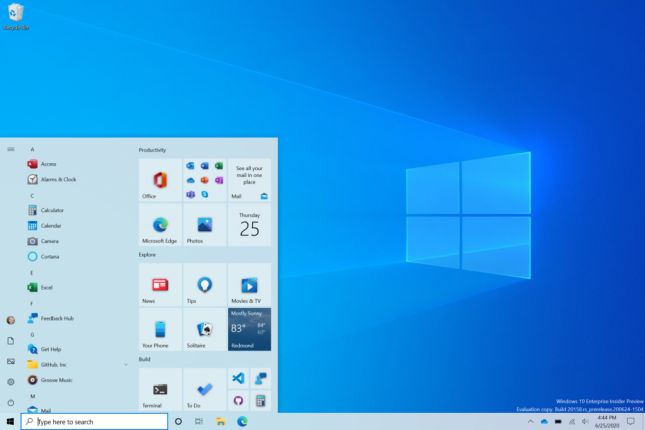 new windows 10 start menu light