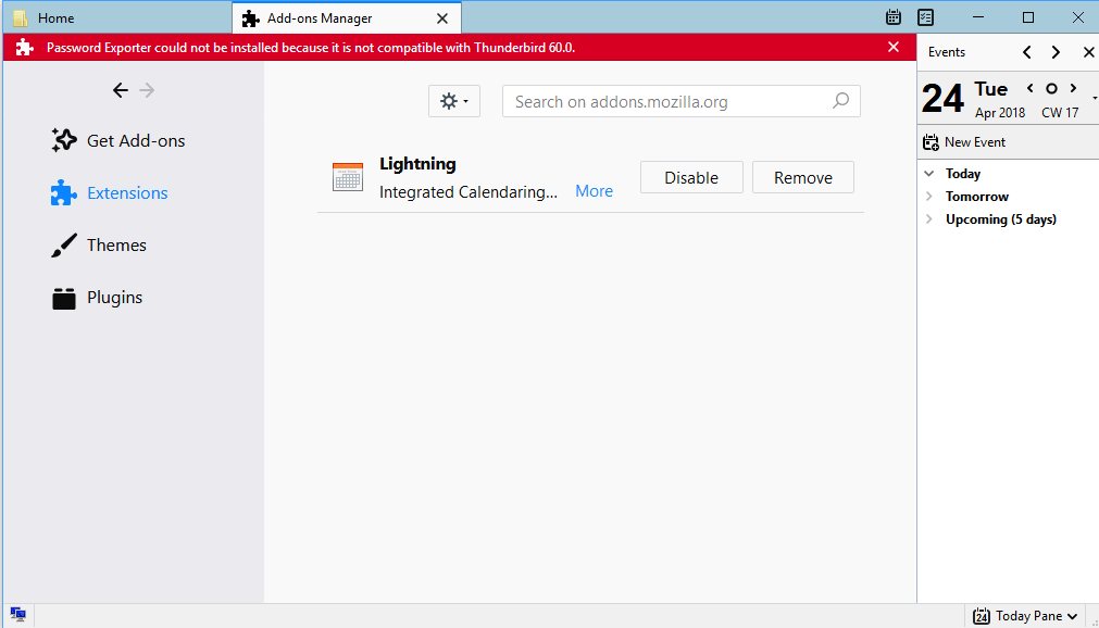 not compatible thunderbird 60
