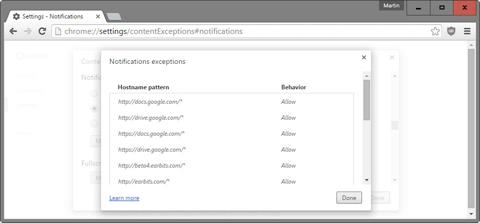 notification whitelist blacklist