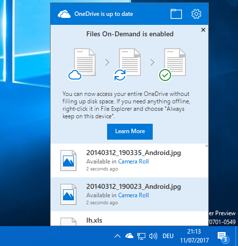 onedrive files on demand popup