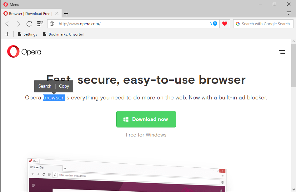 opera 40 search popup