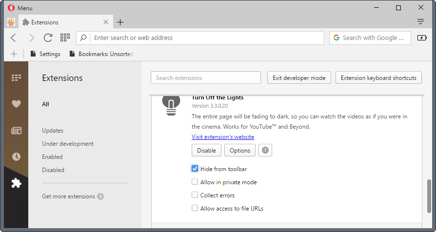 opera hide extensions
