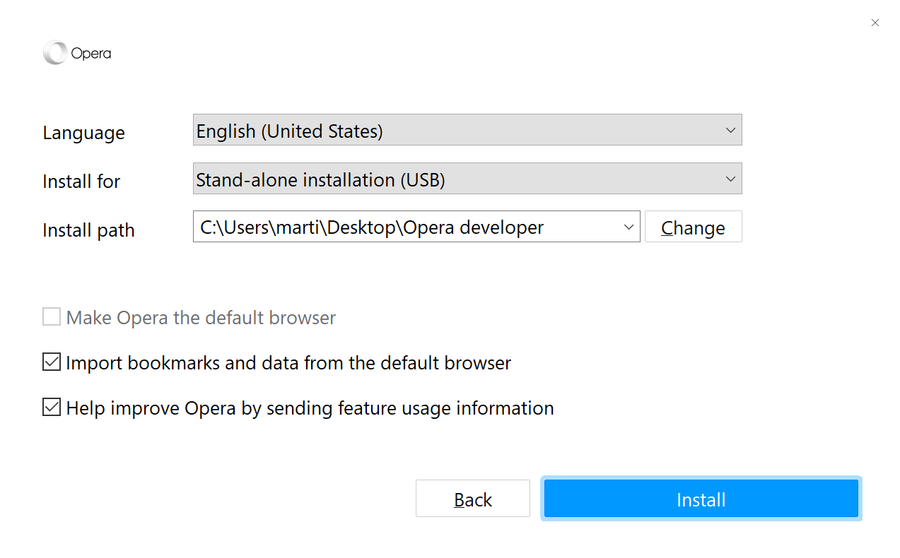 opera installer options