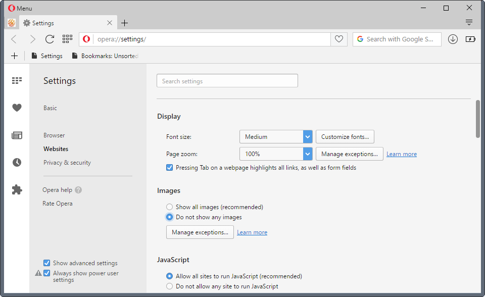 opera website settings