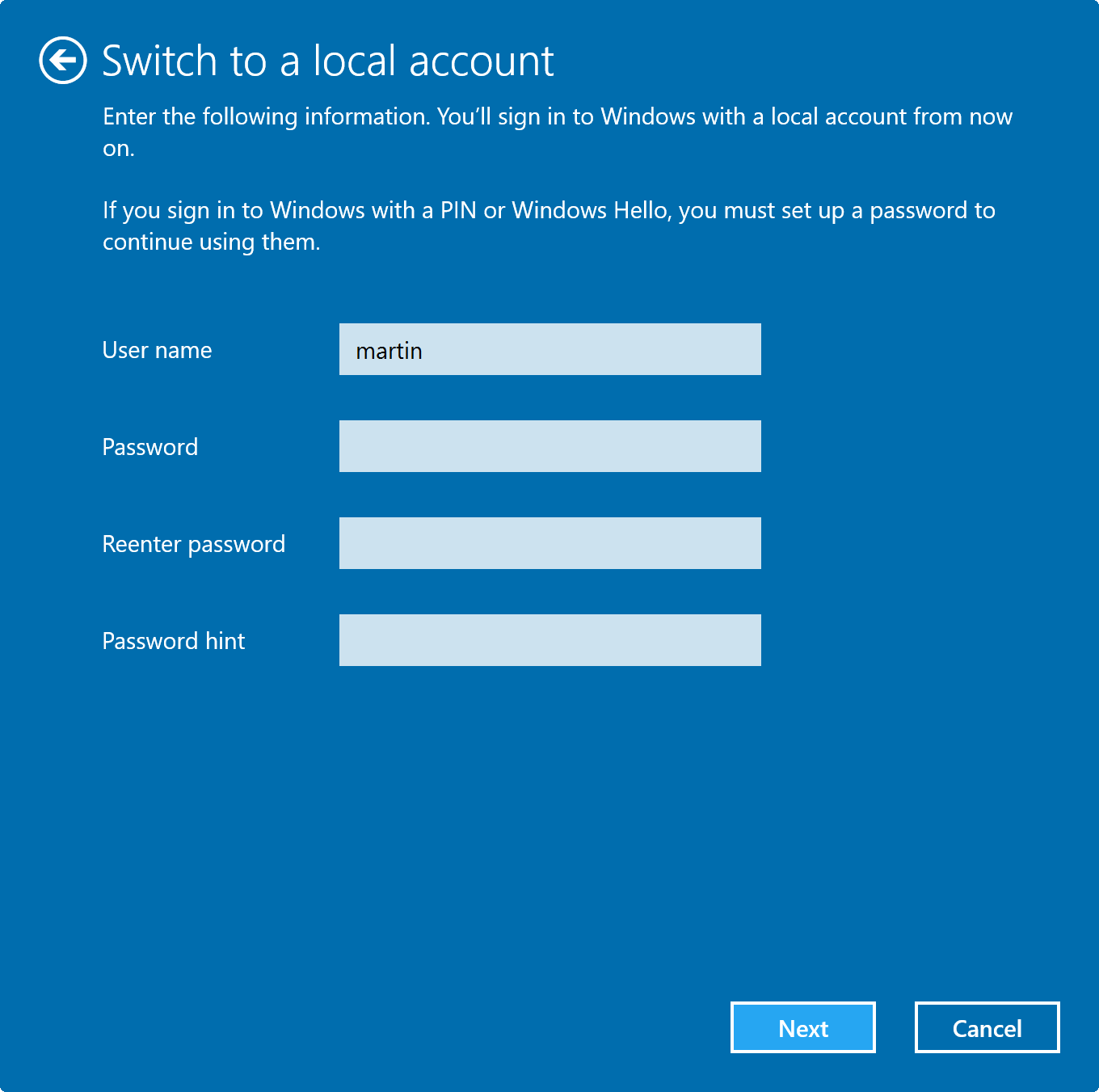 setup local acount