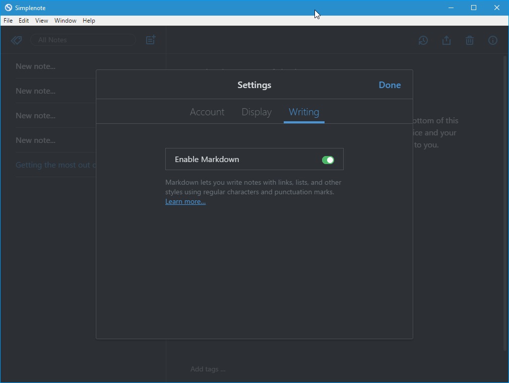 simplenote dark
