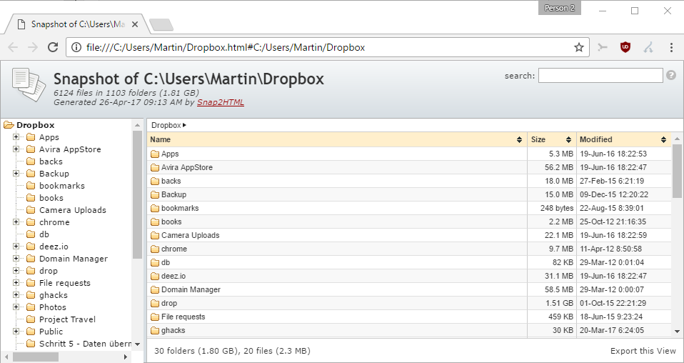 snap2html folder snapshot