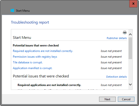 start menu troubleshooting