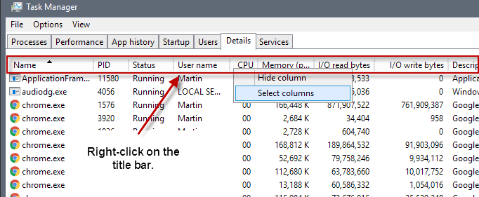 task manager display information