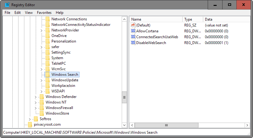 turn off cortana registry