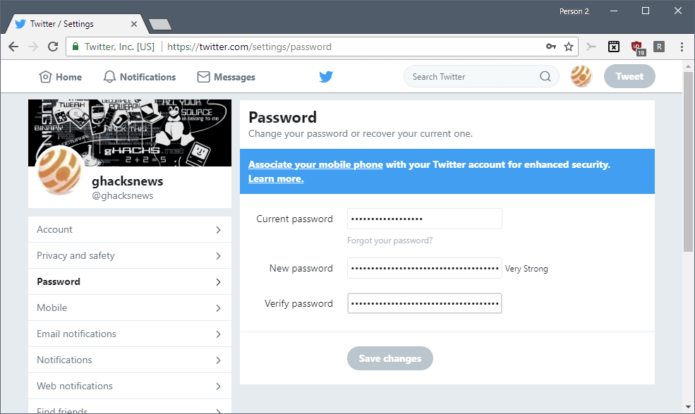 twitter change password