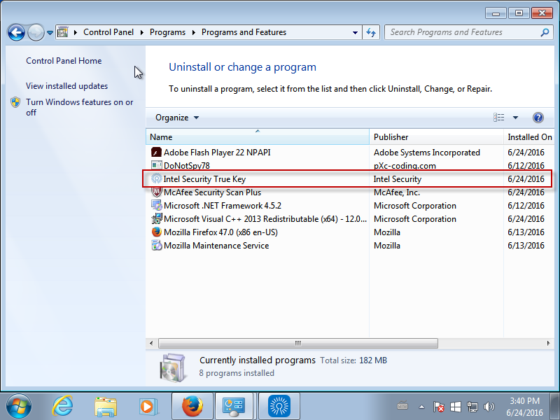 uninstall intel security true key