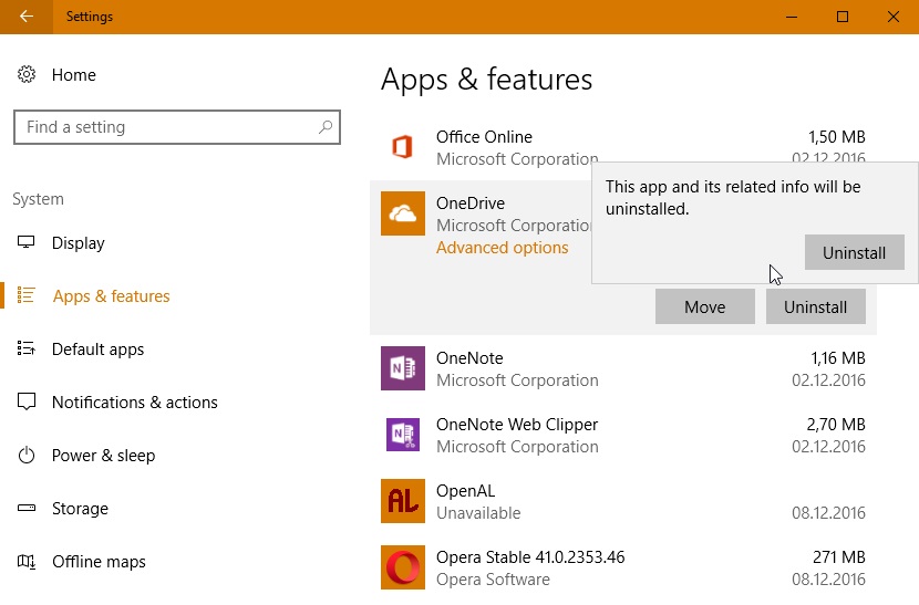 uninstall onedrive settings