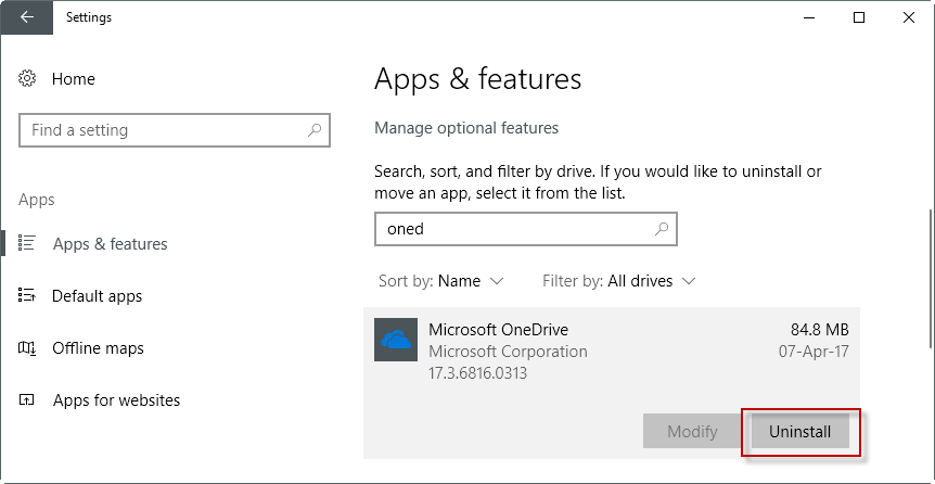 uninstall onedrive