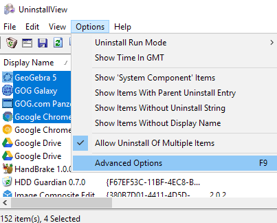 uninstall options