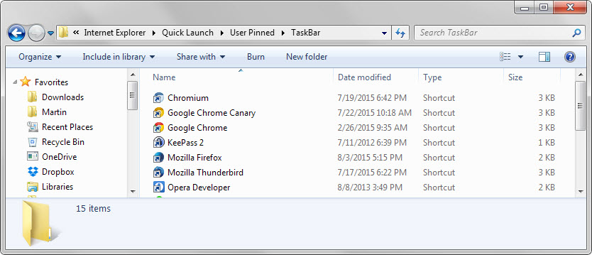 user pinned taskbar icons