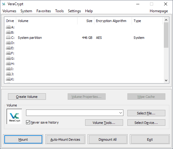 veracrypt main interface