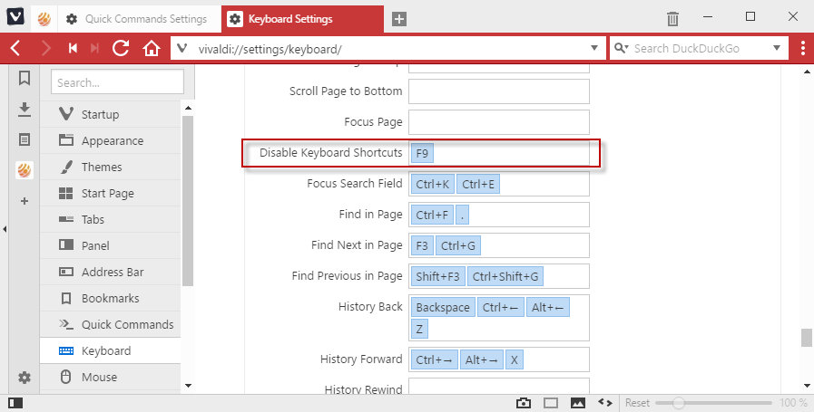 vivaldi block keyboard shortcuts