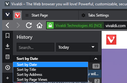vivaldi history sort
