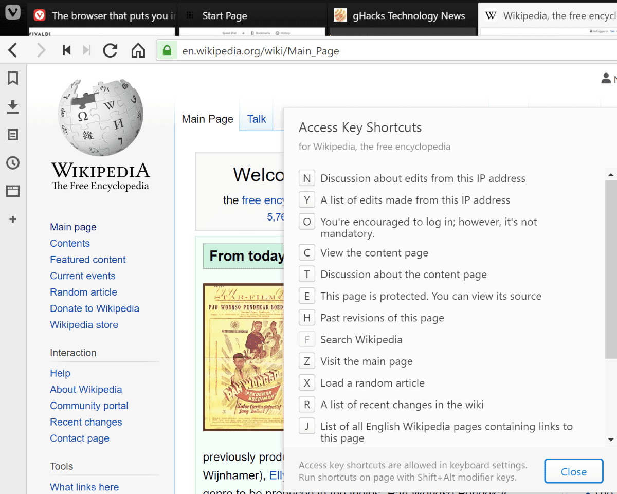 vivaldi site access keys