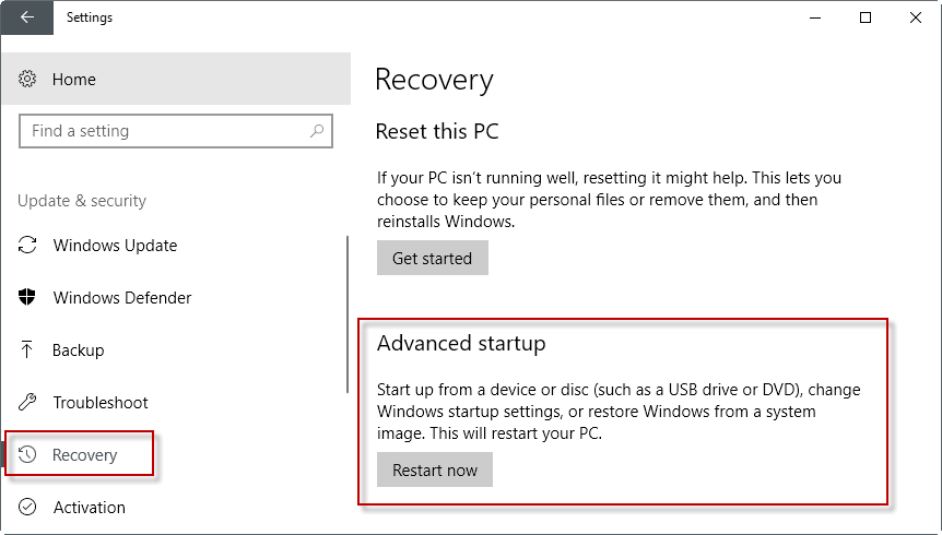 windows 10 advanced startup