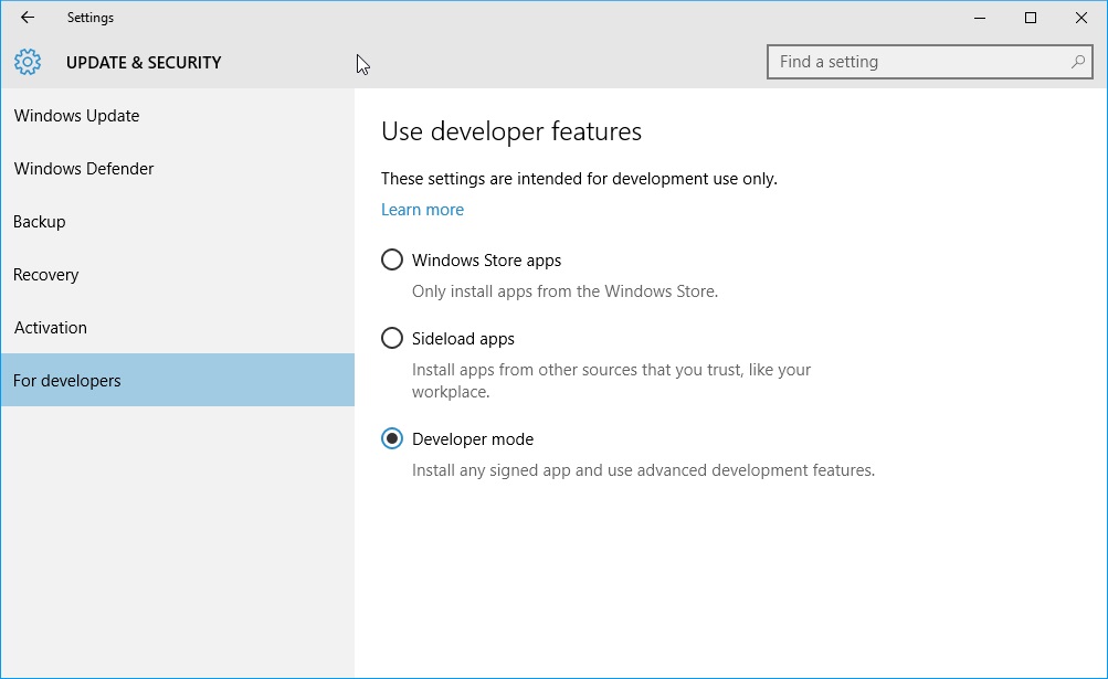 windows 10 developer mode
