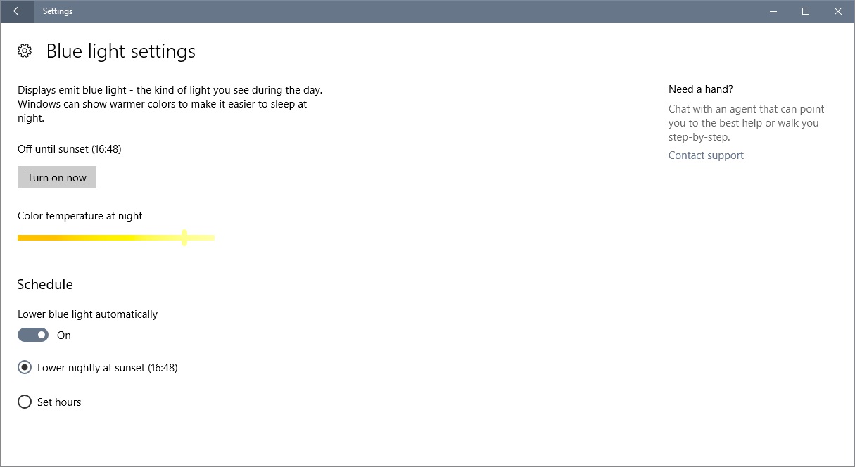windows 10 lower blue light settings