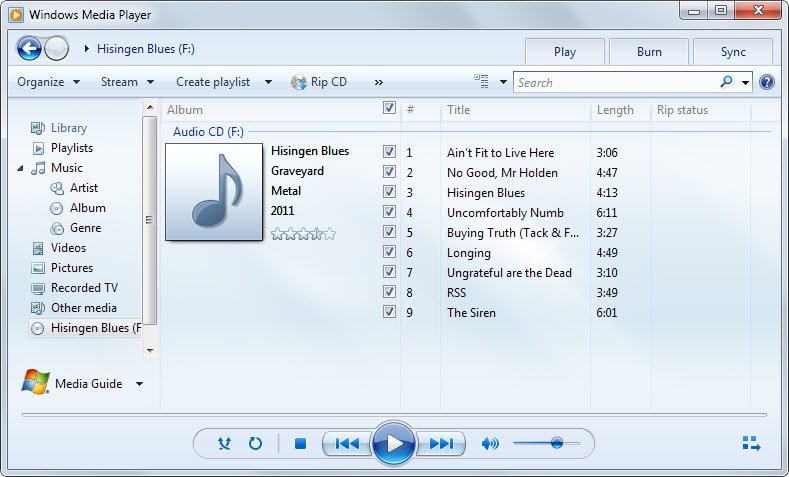 windows media player rip cd