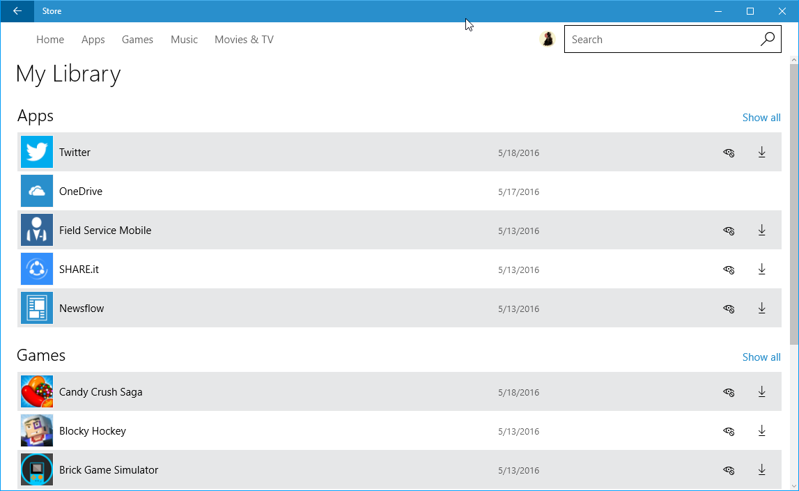windows store library hide apps