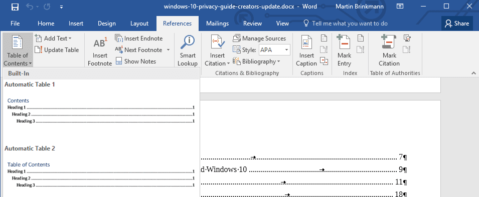 word 2016 table of contents templates