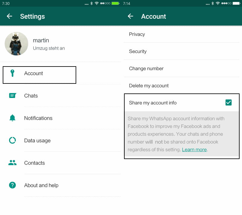 whatsapp disable share account info