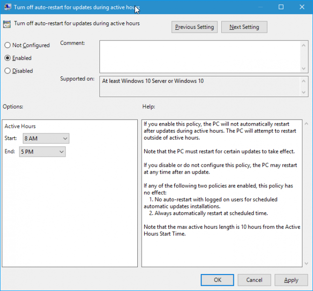 enable active hours group policy