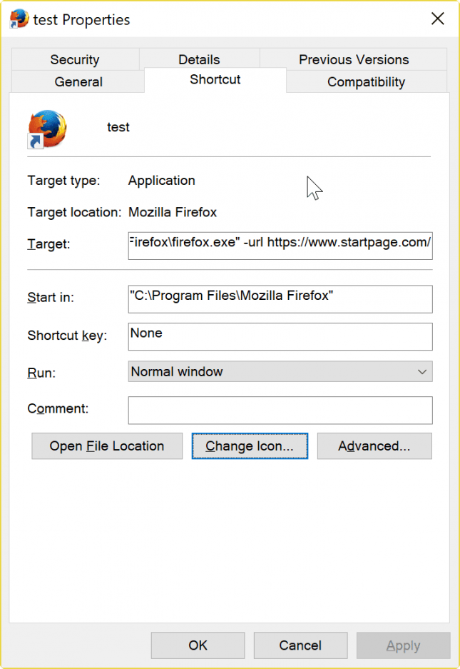 firefox taskbar shortcut