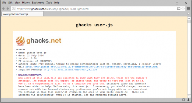 ghacks user.js version 0.10