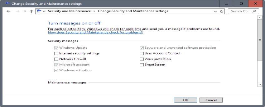 security messages windows 10