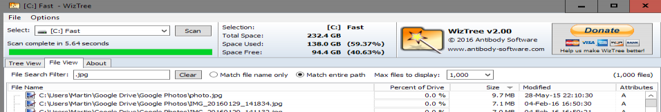 wiztree 2.0 file search